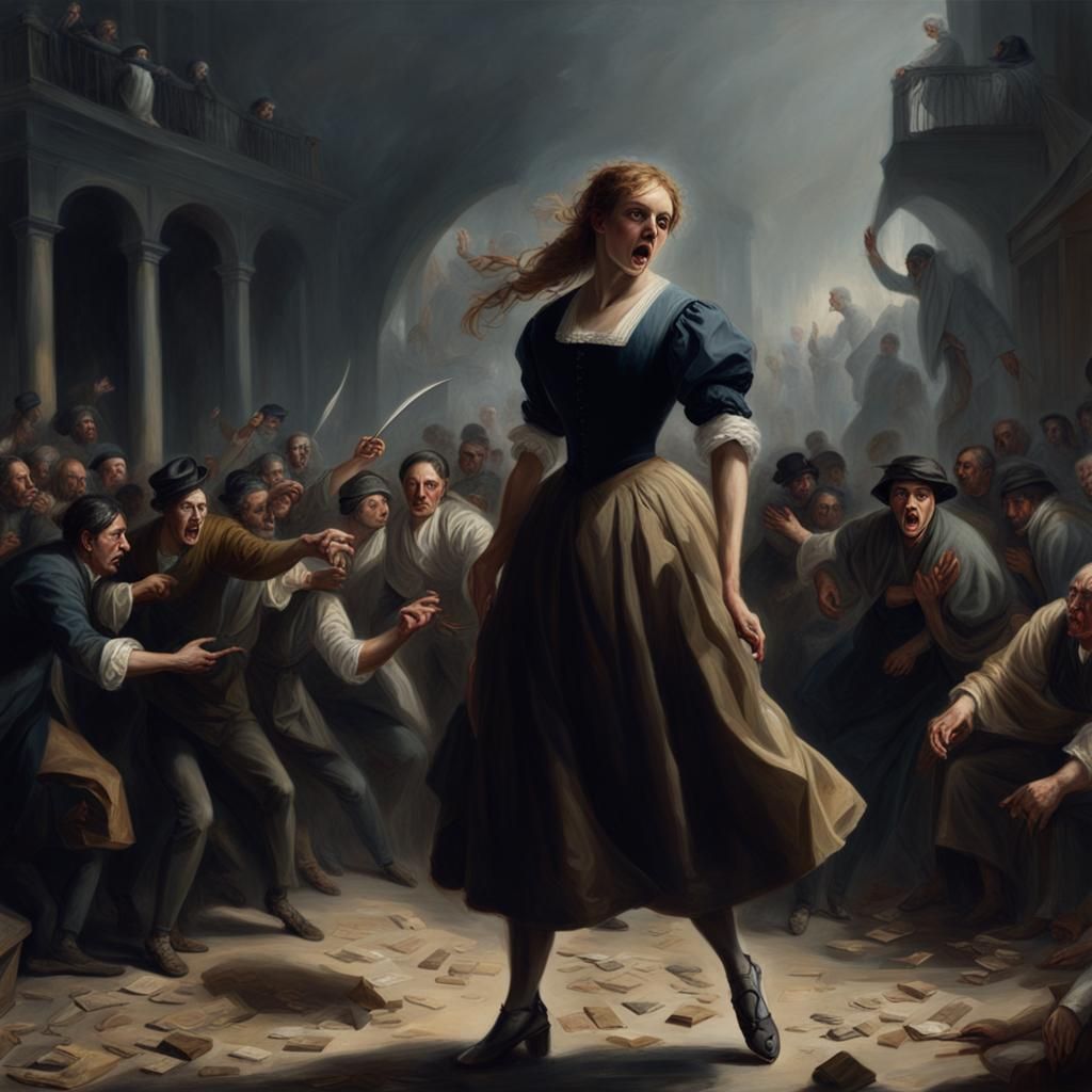 Fearful Girl Opposing Hostile Crowd as Oil Painting
