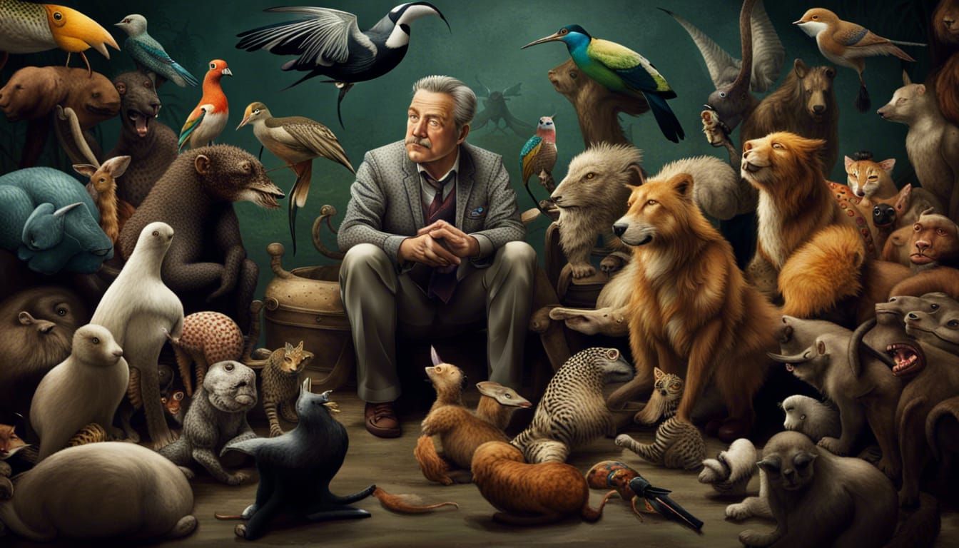 Man Communicating with Animals in Colorful Photo
