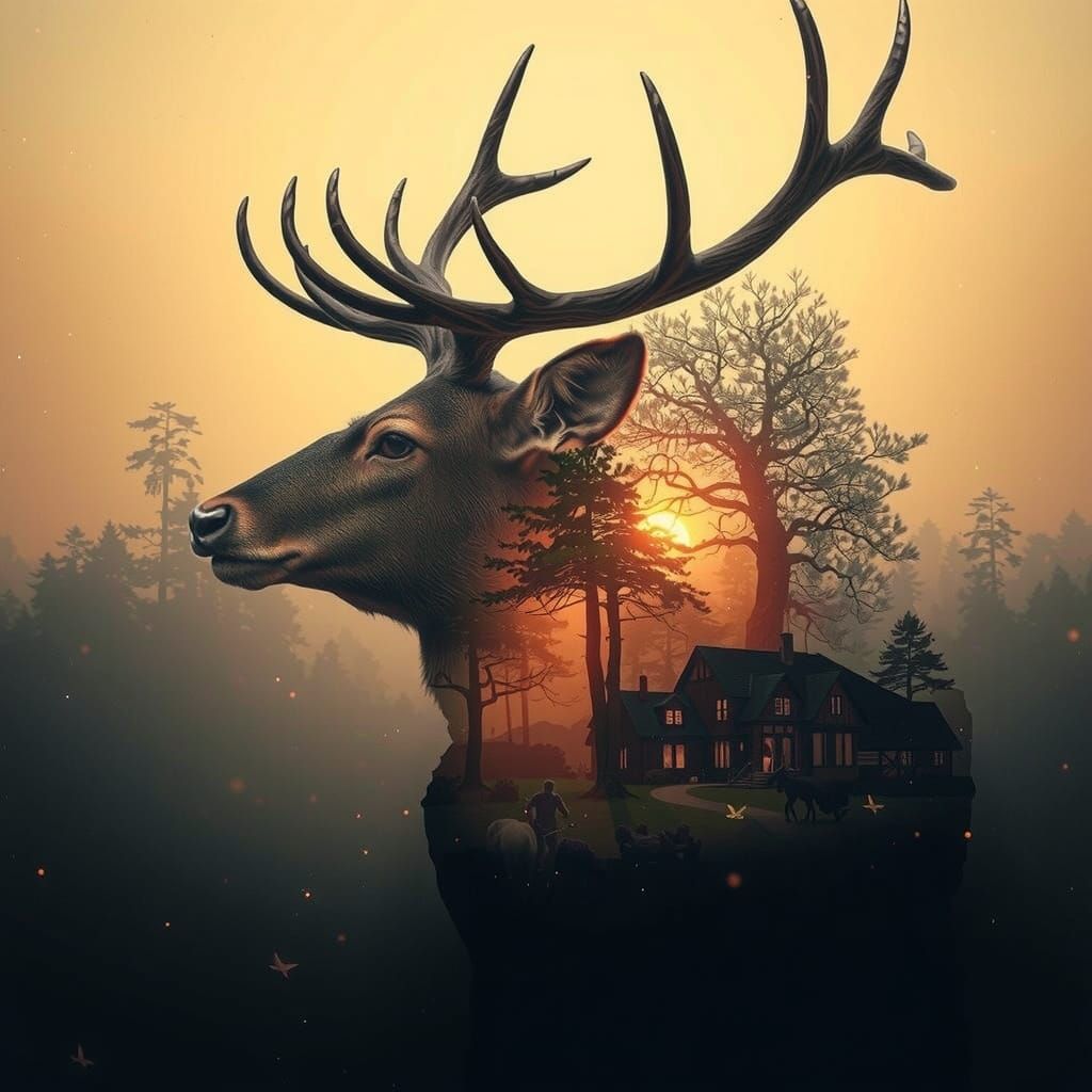 Stag and Enchanted Forest Double Exposure Digital Art