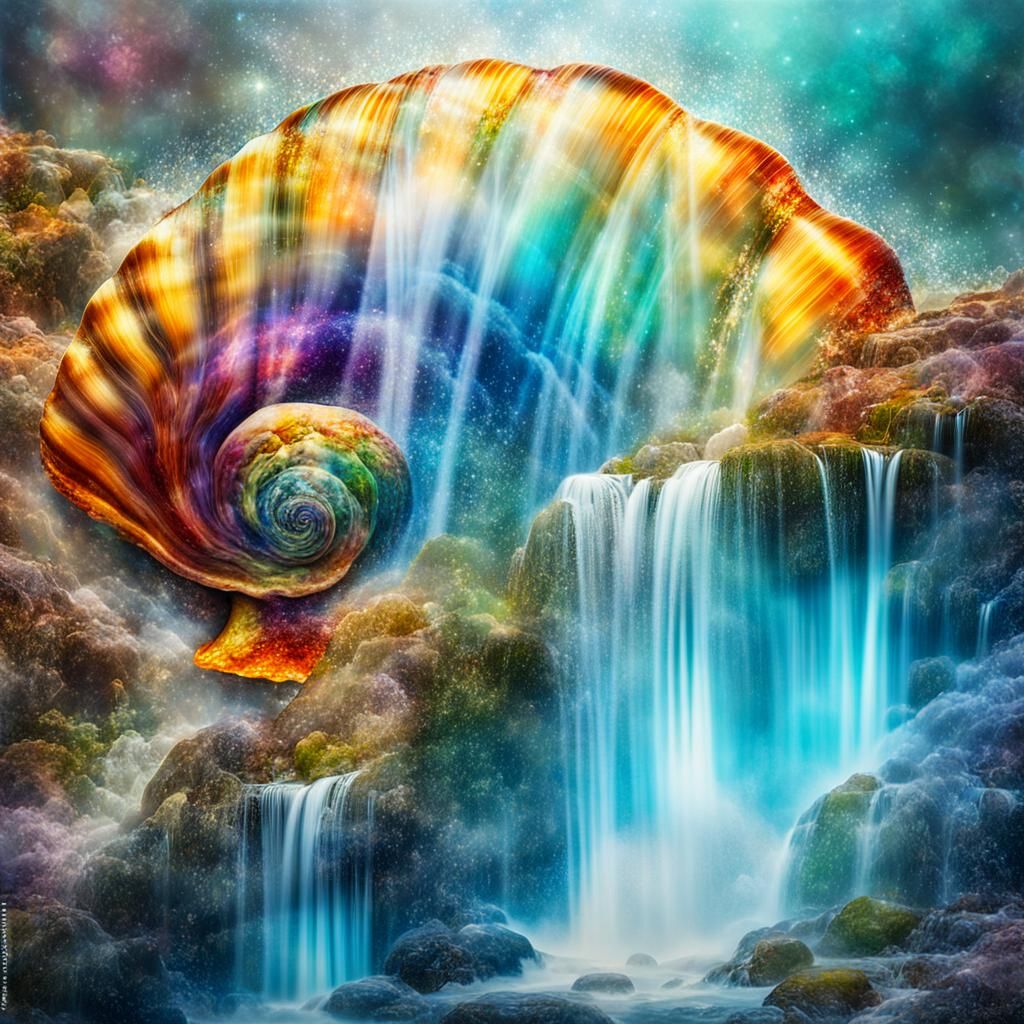Shell with Sparkling Waterfall in Double Exposure Art