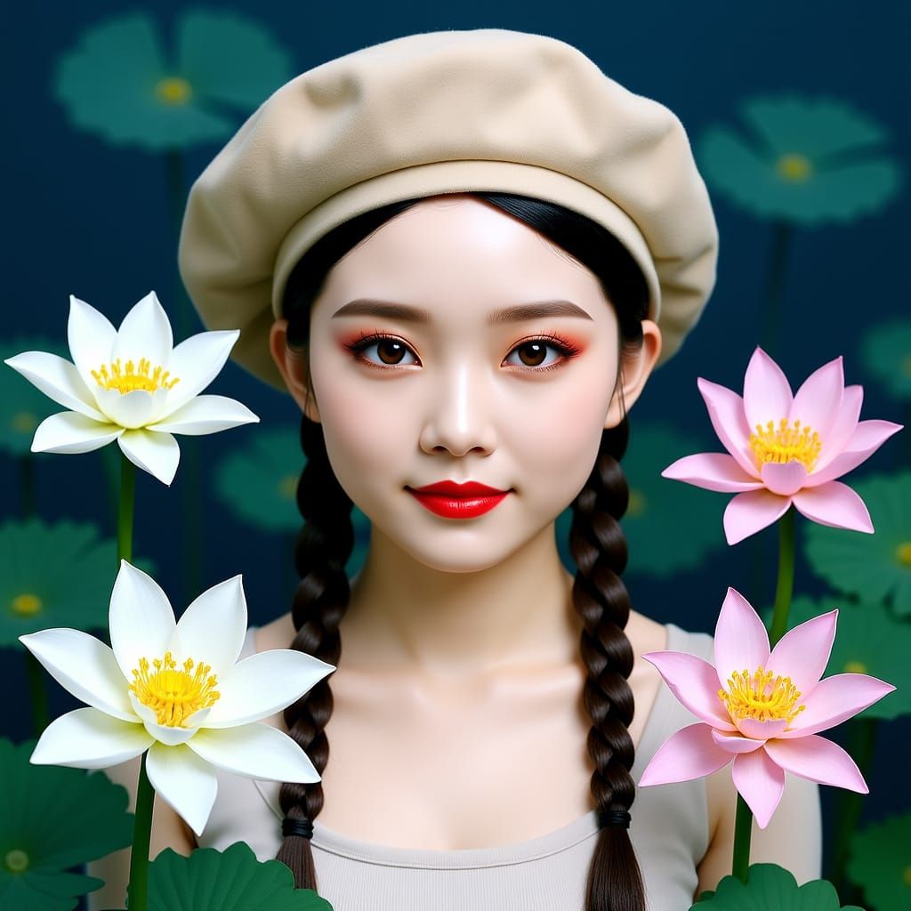 East Asian Woman Portrait with Lotus Flowers