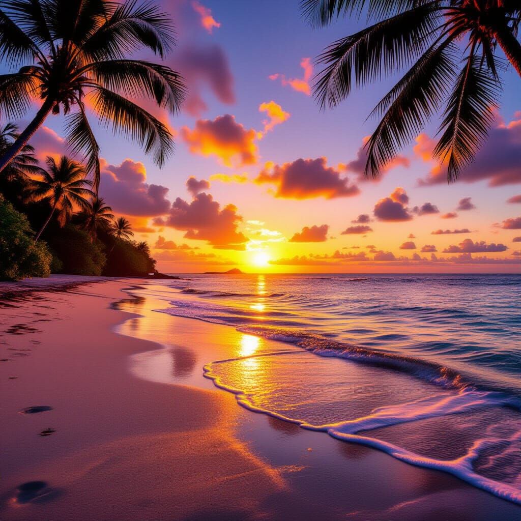 Golden Hour Tropical Beach Sunset with Palm Trees