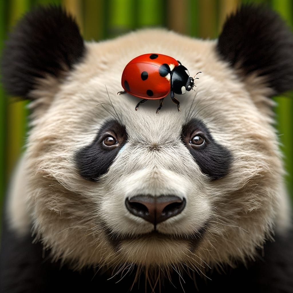 Ladybug and Panda Encounter in Bamboo Forest