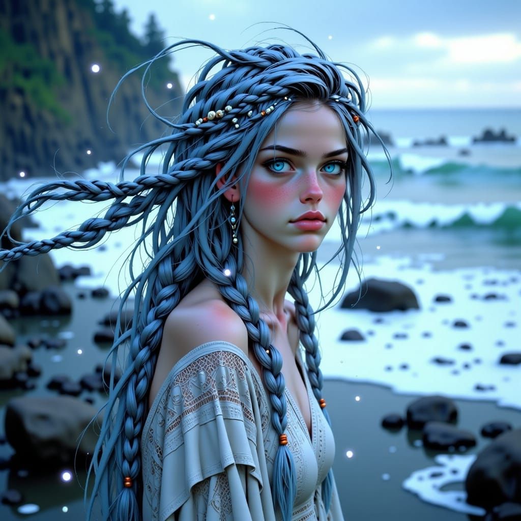 Enchanted Coastal Goddess in Mystical Aura