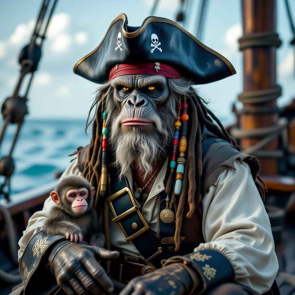 Creepy Bigfoot Pirate Captain on Ship, Realistic Photo