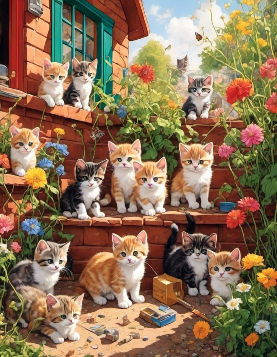 Playful Kittens Frolic in Sunny Yard