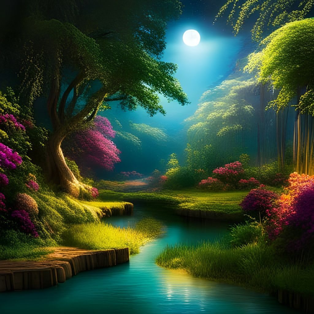 Enchanted Forest with Turquoise Pond in Sunset Lighting