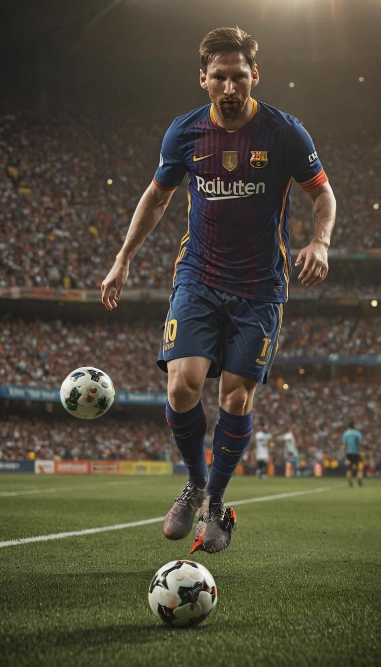 Messi Dribbling in Stadium: Hyper-Realistic Digital Art