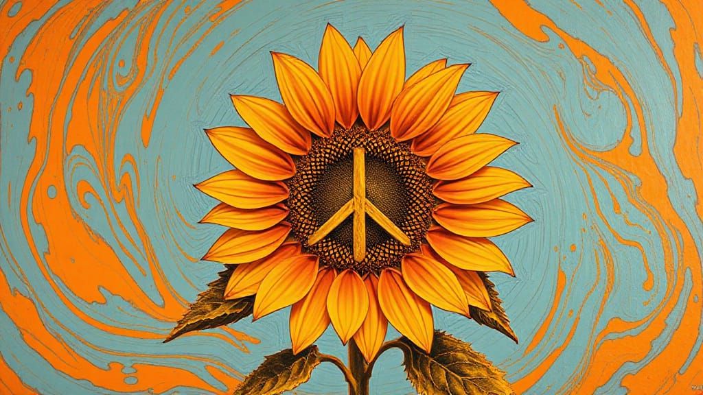 Inverted Sunflower with Peace Sign in Swirling Colors