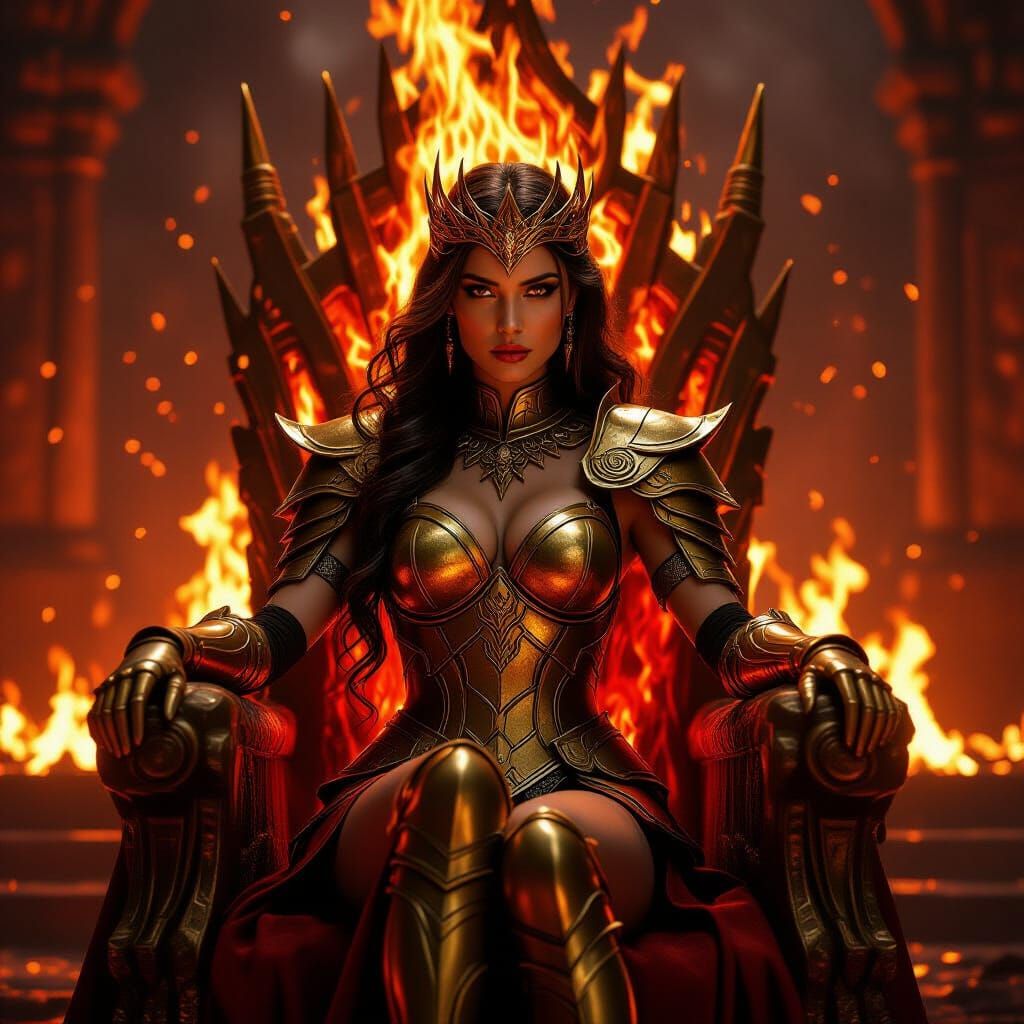 Regal Fire Queen on Molten Throne in Cinematic Lighting