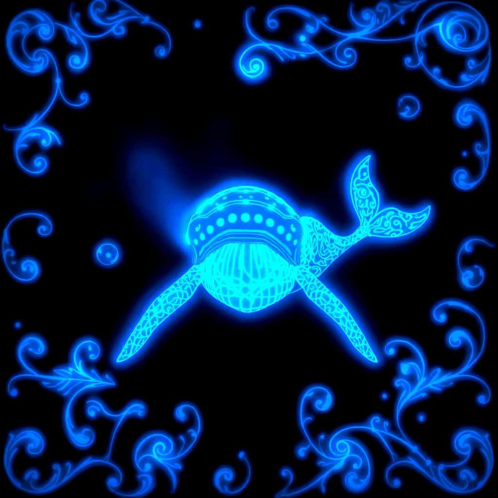 Bioluminescent Whale with Ethereal Filigree on Black Backgro...
