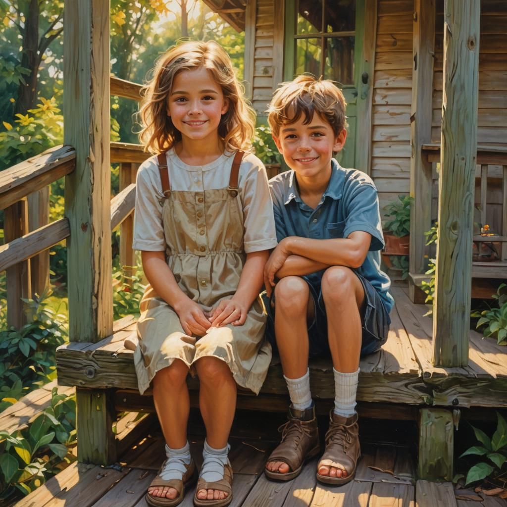 Children on Porch in Golden Light, Oil Painting