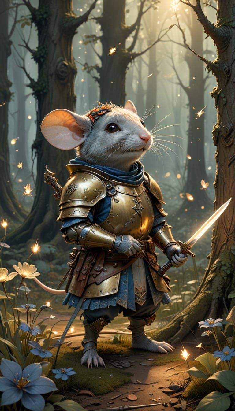 Whimsical Fantasy Mouse Knight in Sunlit Clearing