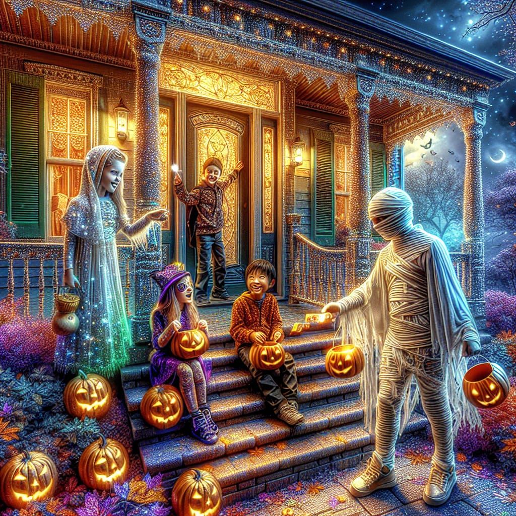Trick or Treaters on Halloween in Hyperrealism