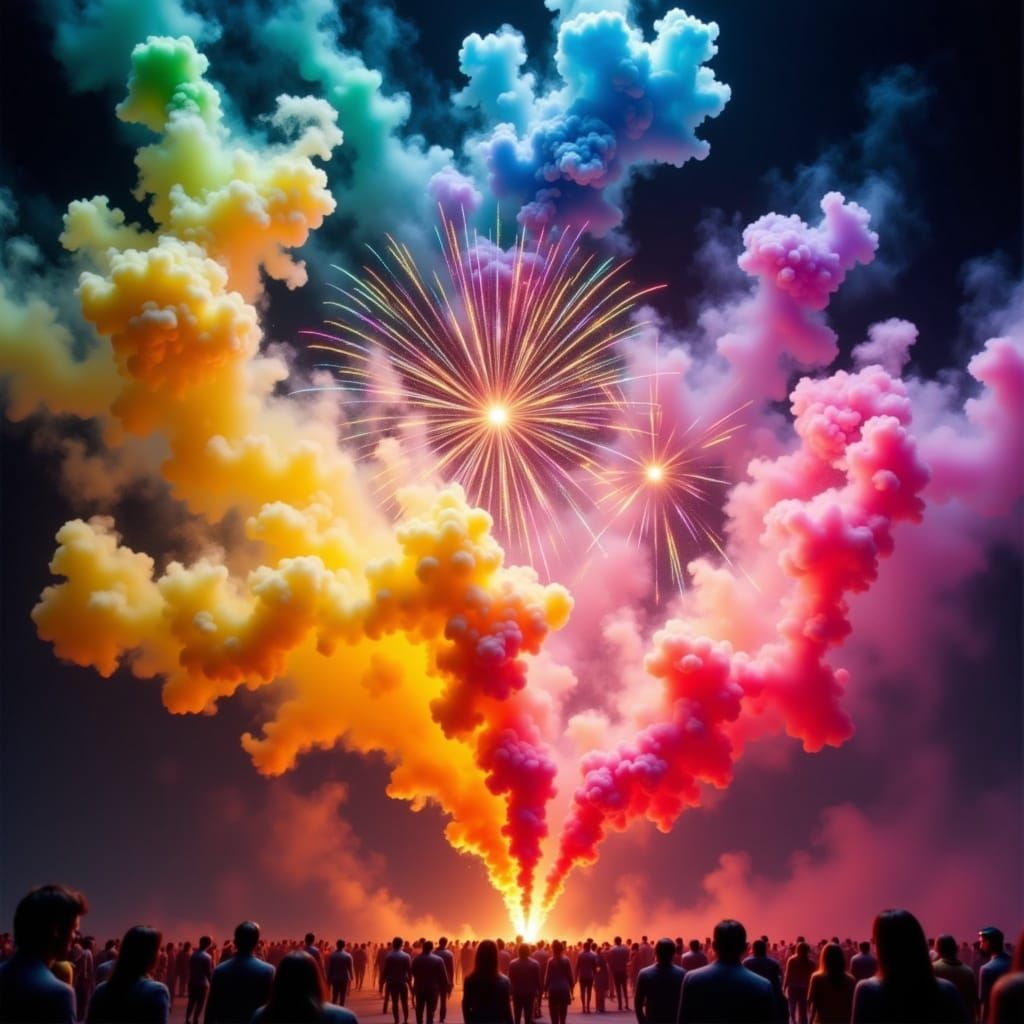 Vibrant Rainbow Smoke Fireworks Explosion in Night Sky