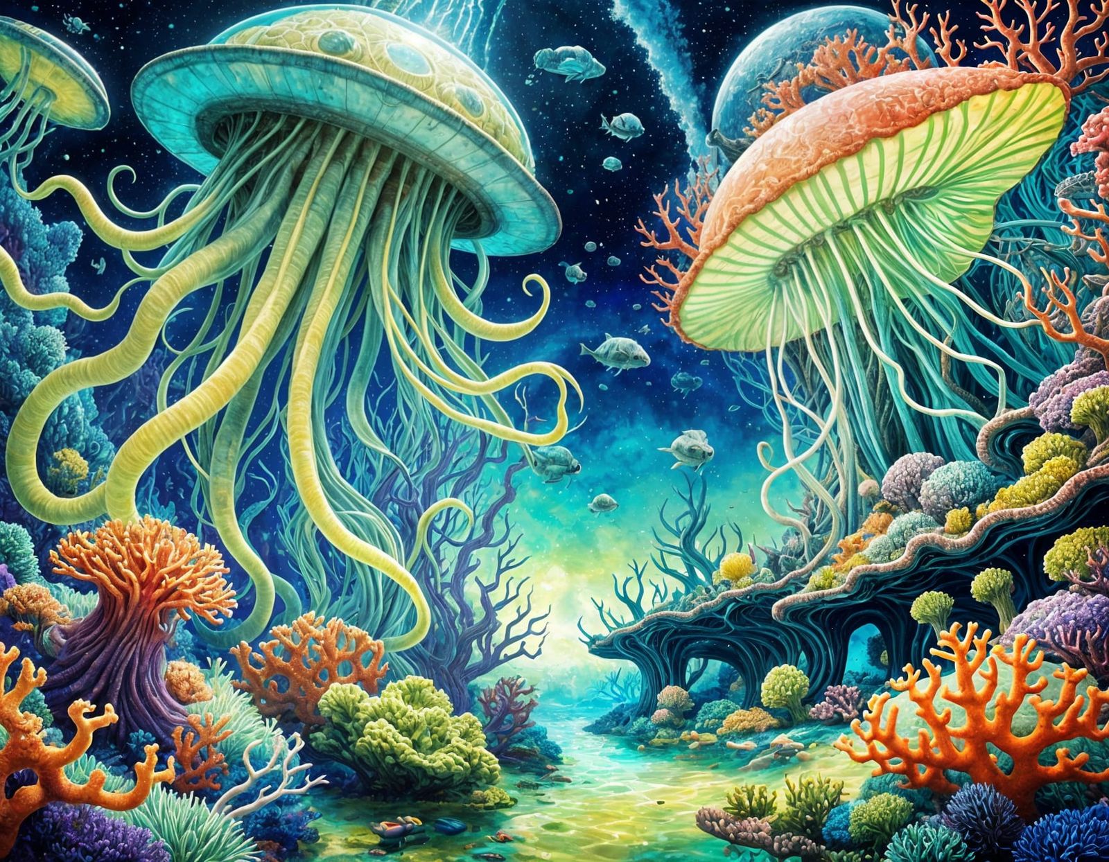 A giant squid attacking an alien spacecraft underwater in Day-Glo colored coral reef