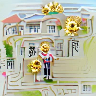 Sunny Mansions with Colorful Flowers and Crowned Man