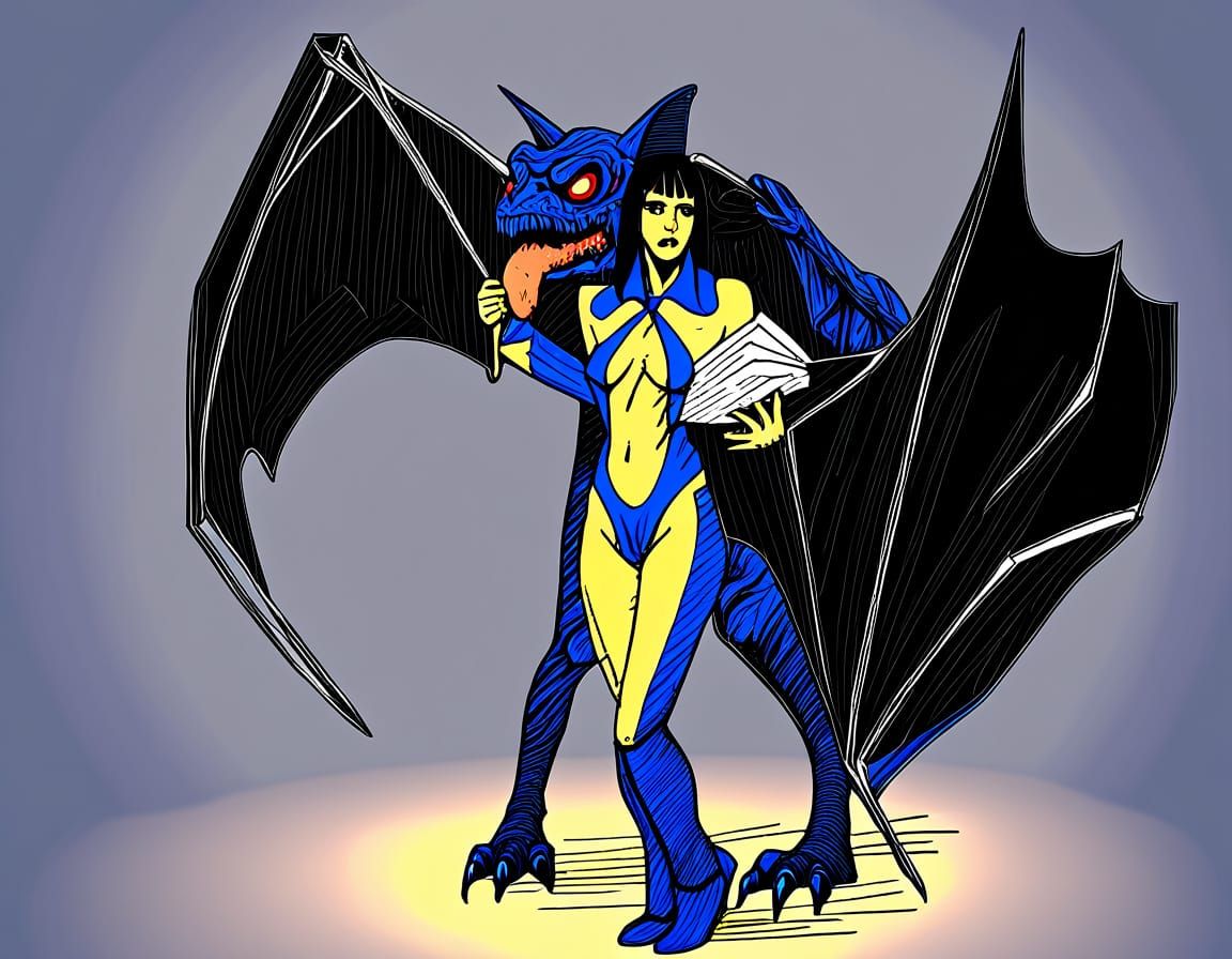 Vampirella Reading with Bat Monster in Caravaggio Style