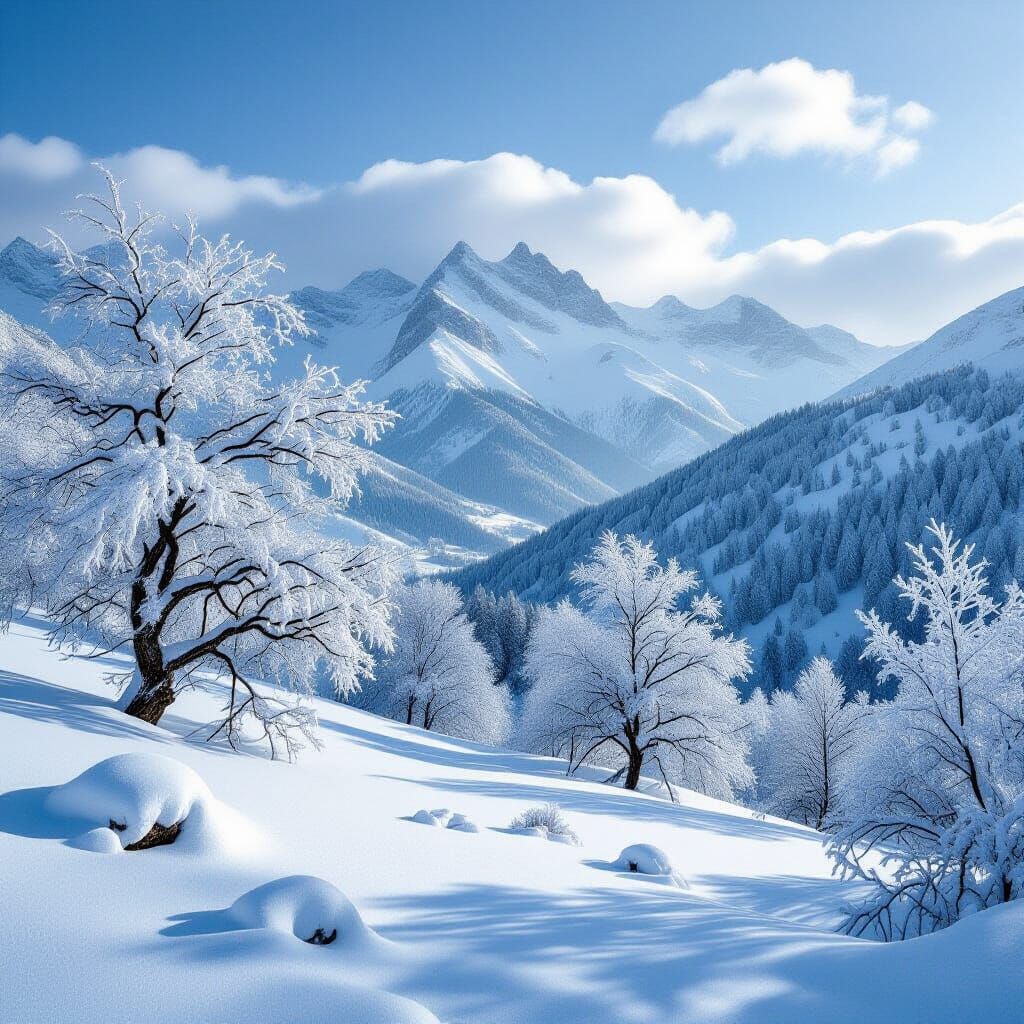 A bleak winter scene with trees laden with frost and ice, looking onto snow covered mountains