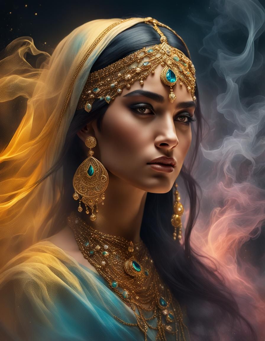 Semi-Profile Arabian Dancer Unveils in Vibrant Studio Lighti...