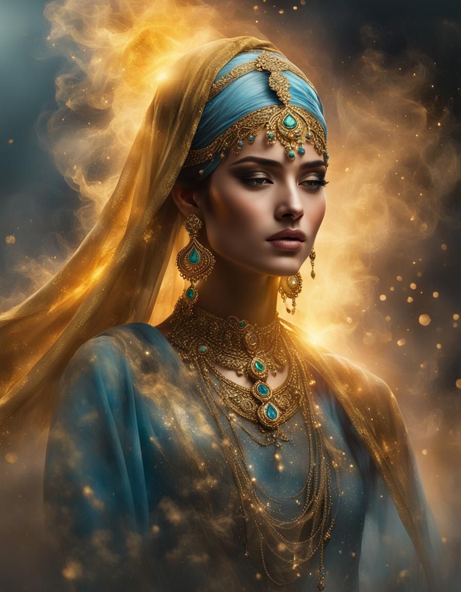 Arabian Veiled Dancer in Swirling Smoke: 8K Portrait