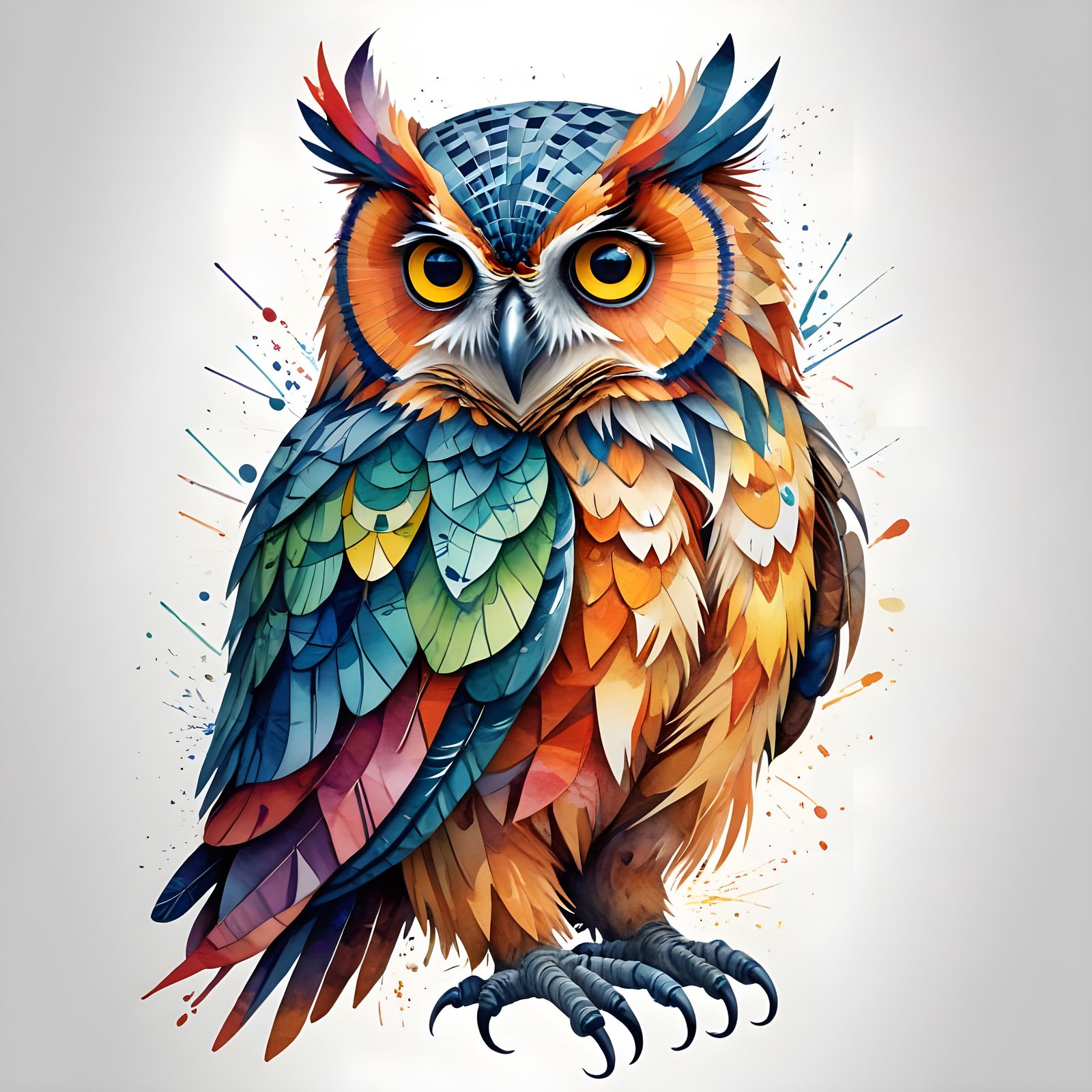 Vibrant Geometric Owl Illustration in Watercolor Ink