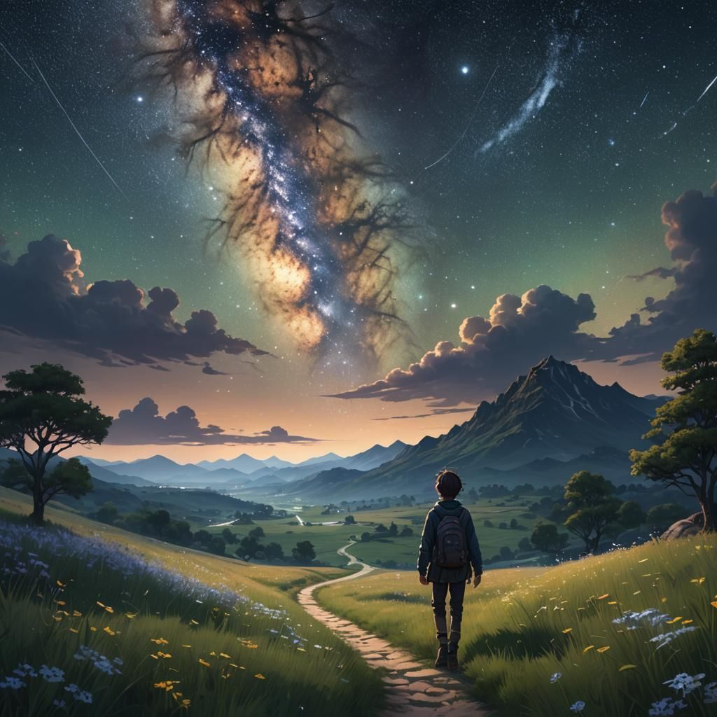 Traveler's Journey Under Starry Sky: 3D Anime Art