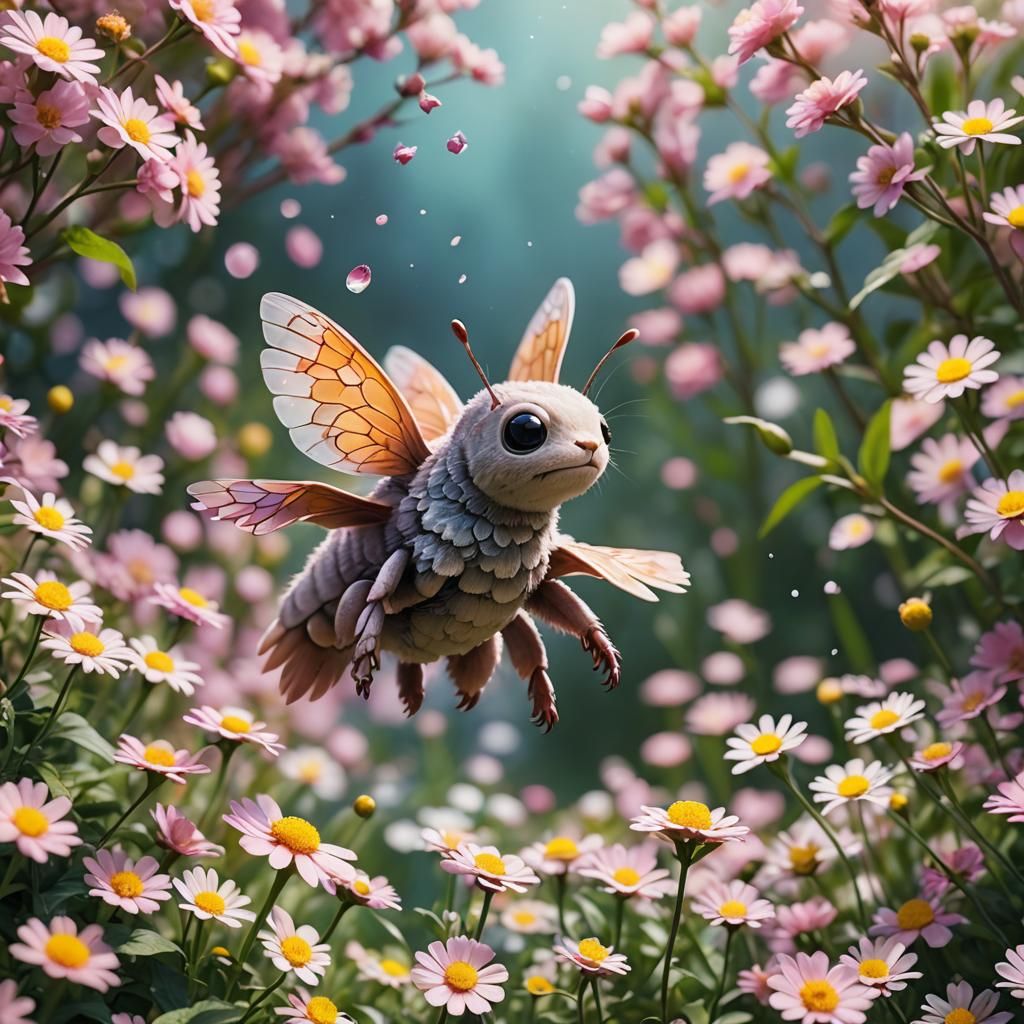 Whimsical Creature Dances through Blooming Garden
