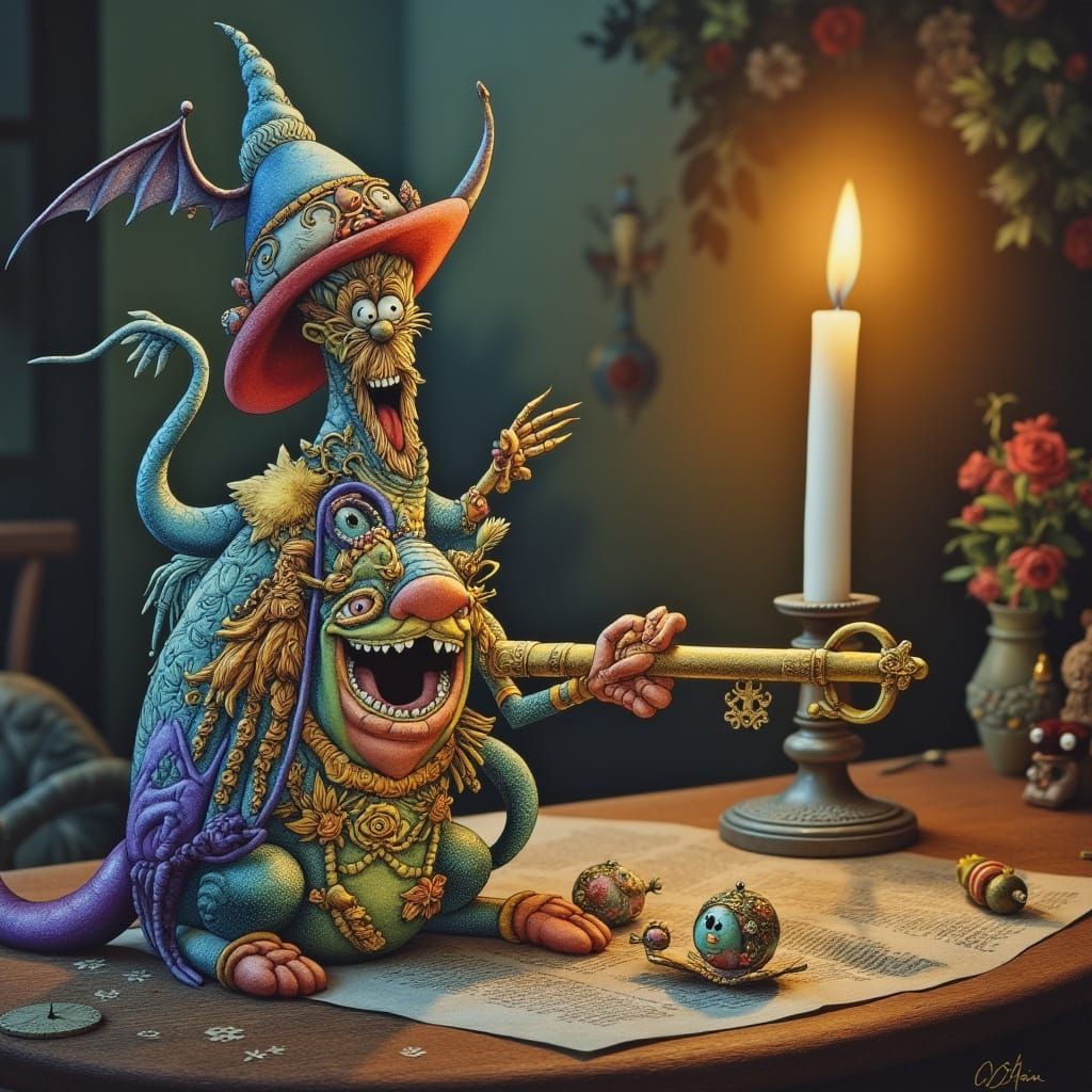 Vibrant Whimsical Magical Key on Wooden Table
