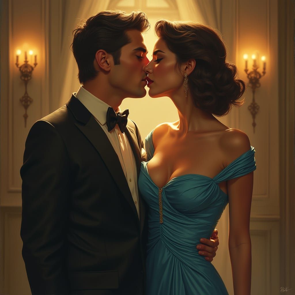 Passionate Kiss in Art Nouveau Style