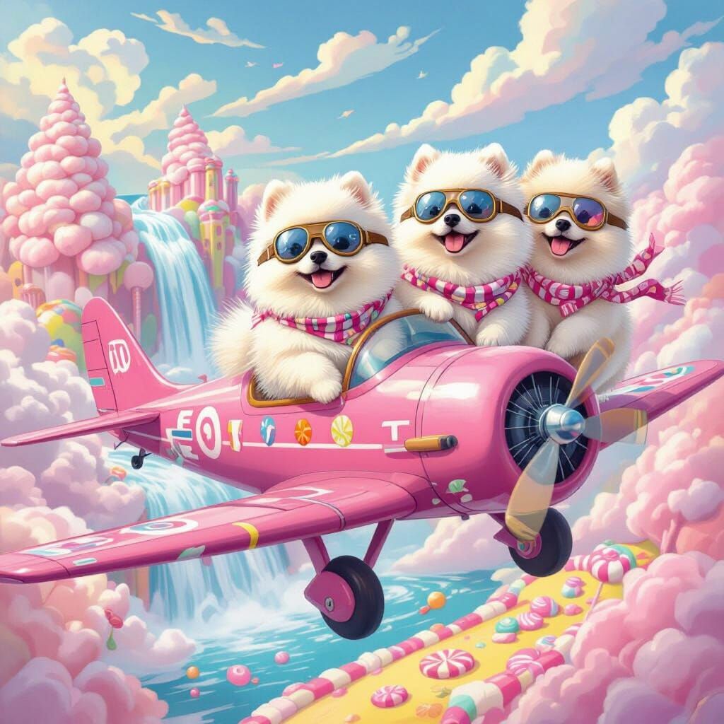Pomeranian Pilots Fly Pink Candy Plane Over Candyland