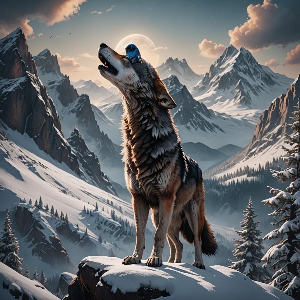 Wolf Howling on Snowy Mountain, Detailed Matte Painting