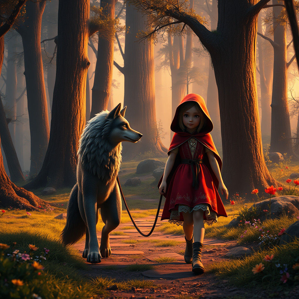 Little Red Riding Hood and Wolf in Dreamlike Forest