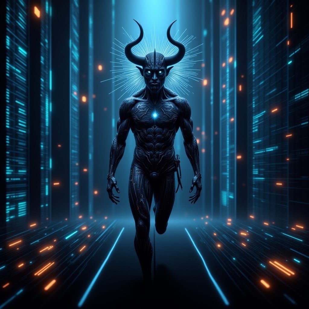 Cyberdemon soars through a dark digital realm, surrounded by...