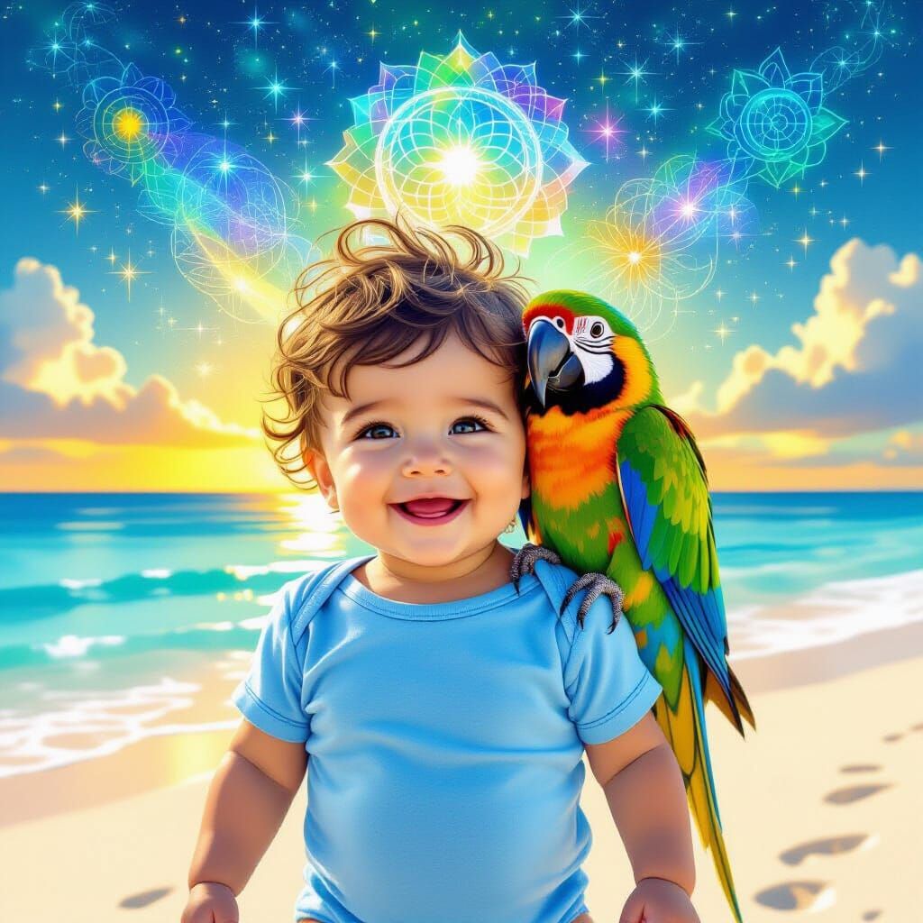Cute Baby and Green Parrot on Beach at Golden Hour