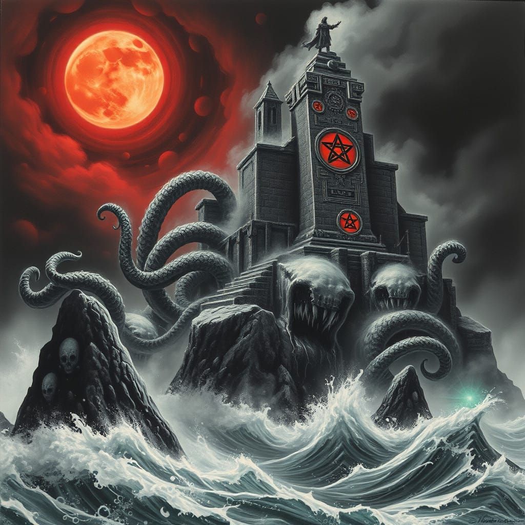 Ethereal Temple Rises Under Crimson Moon