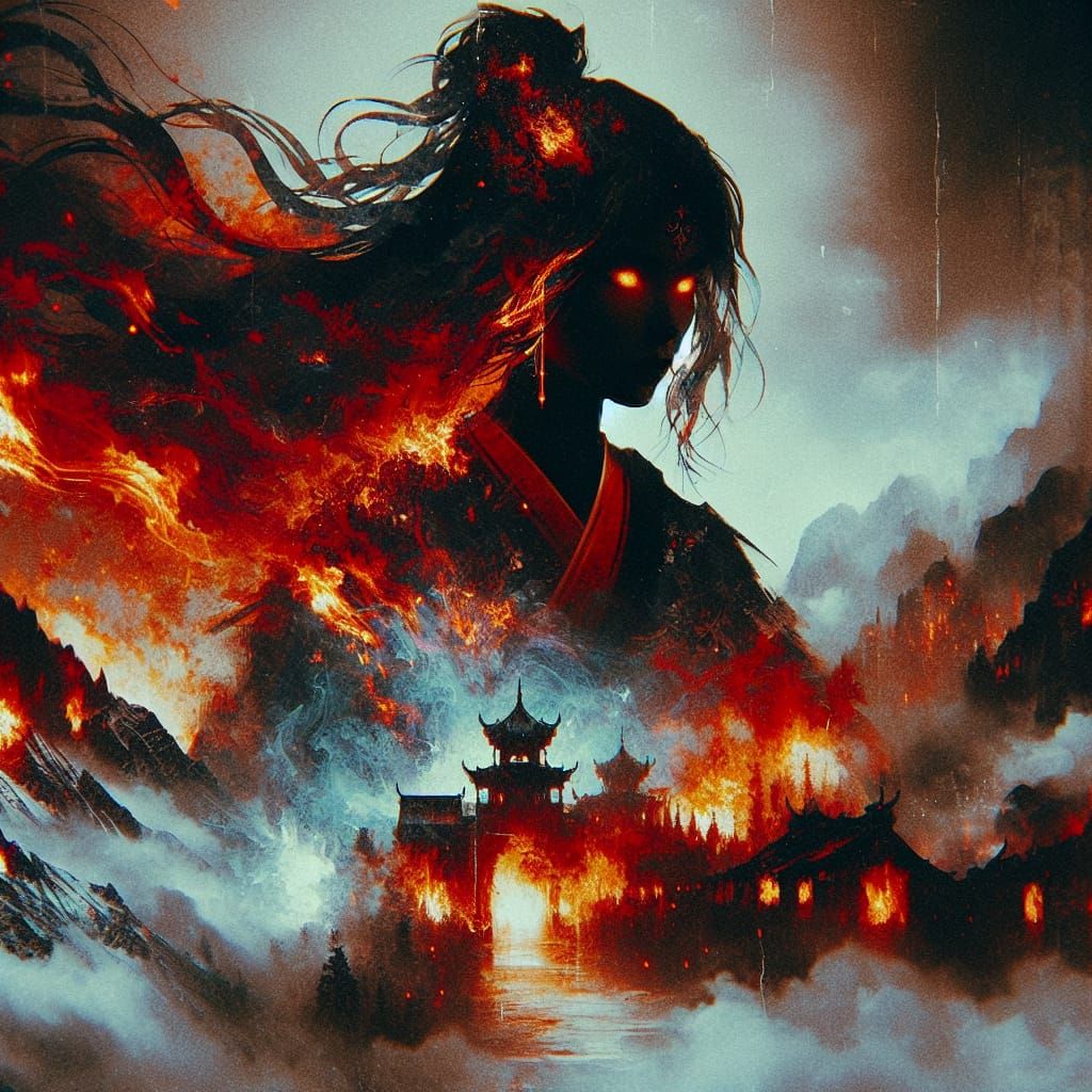 Fire Mage Double Exposure in Manhwa Anime Style