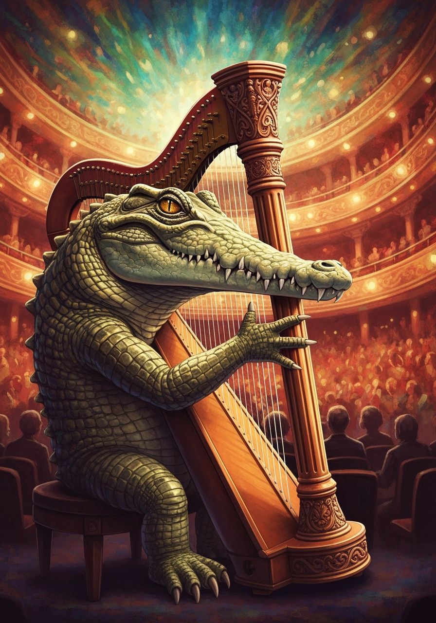 A crocodile playing a harp in a concert hall