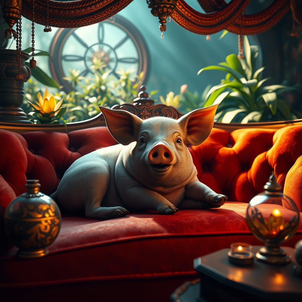 Fantasy Pig on Velvet Sofa Amidst Mystical Artifacts
