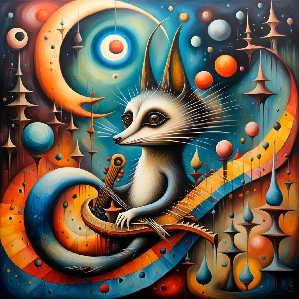 Surrealistic oil painting. Medium shot. A dreamlike scene of...