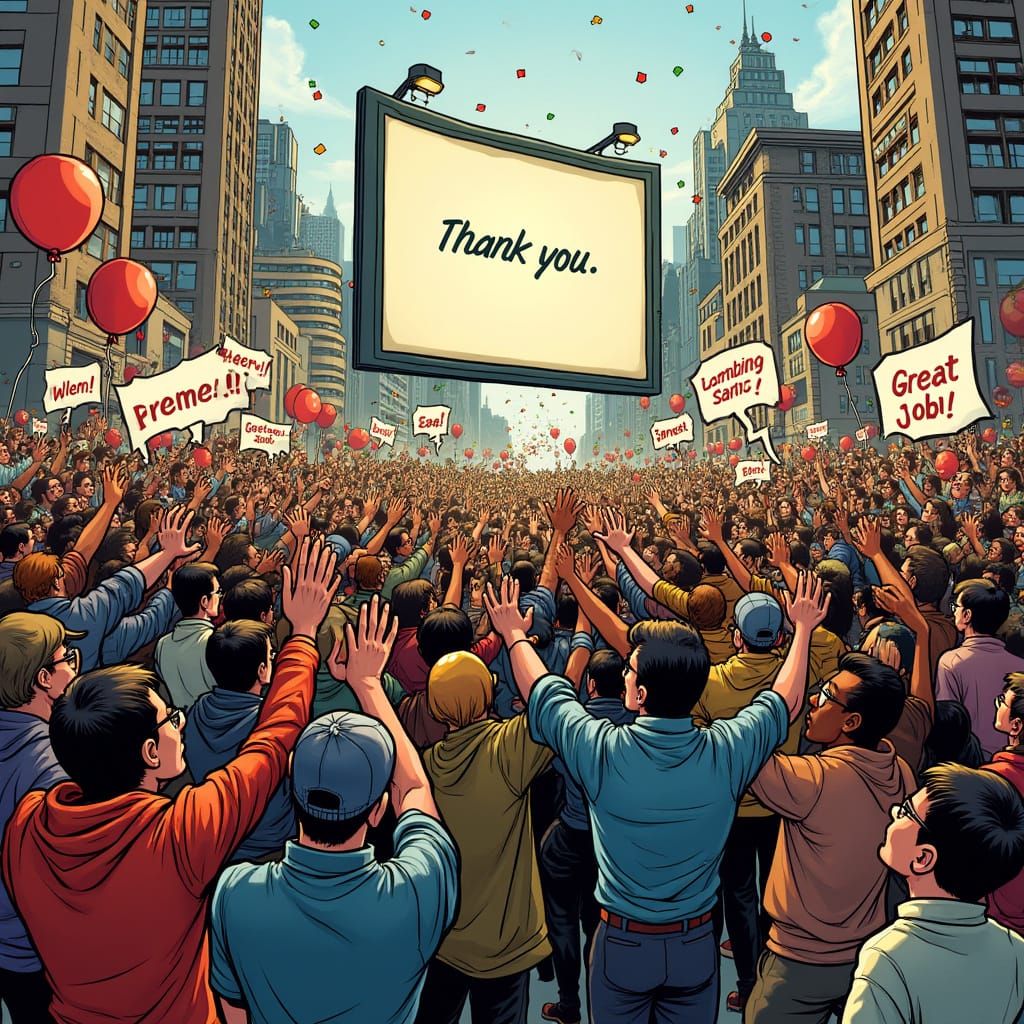 Comic Book Celebration: Diverse Crowd Cheers Great Job Santi...