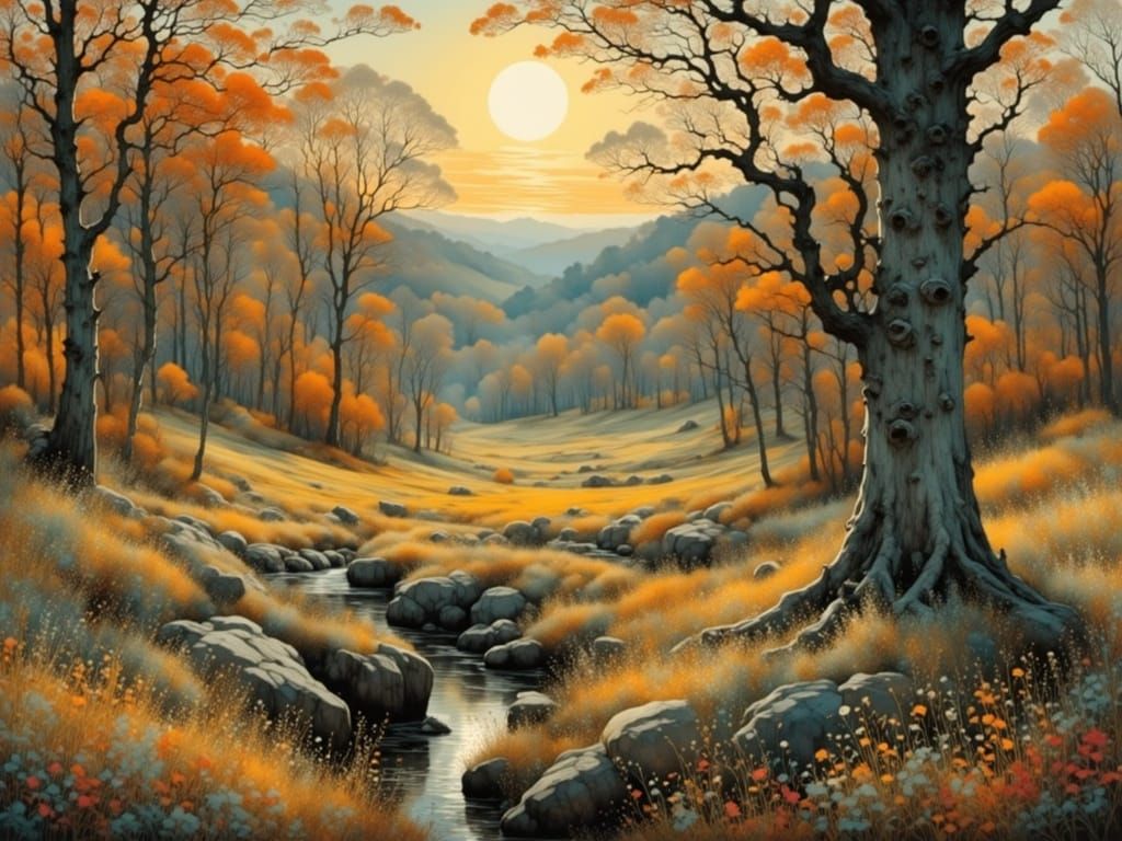 Autumn Forest Landscape with Moody Sunlight