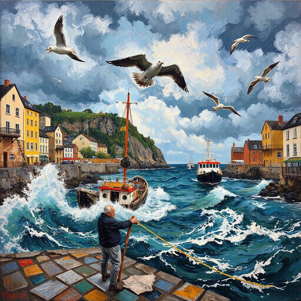 Vibrant Seaside Townscape in Expressive Brushstrokes