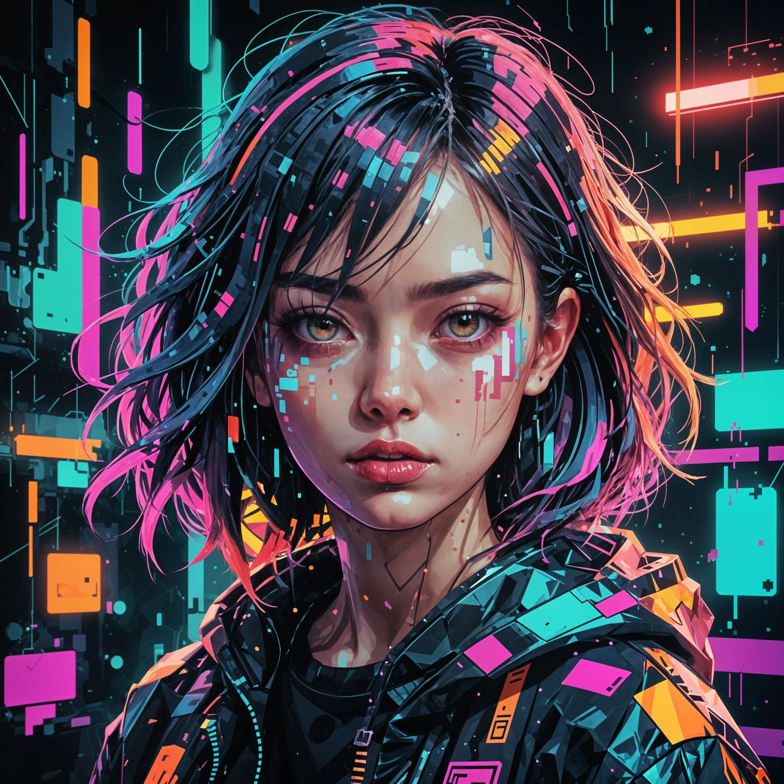 Cute Girl in Cyberpunk Glitch Art