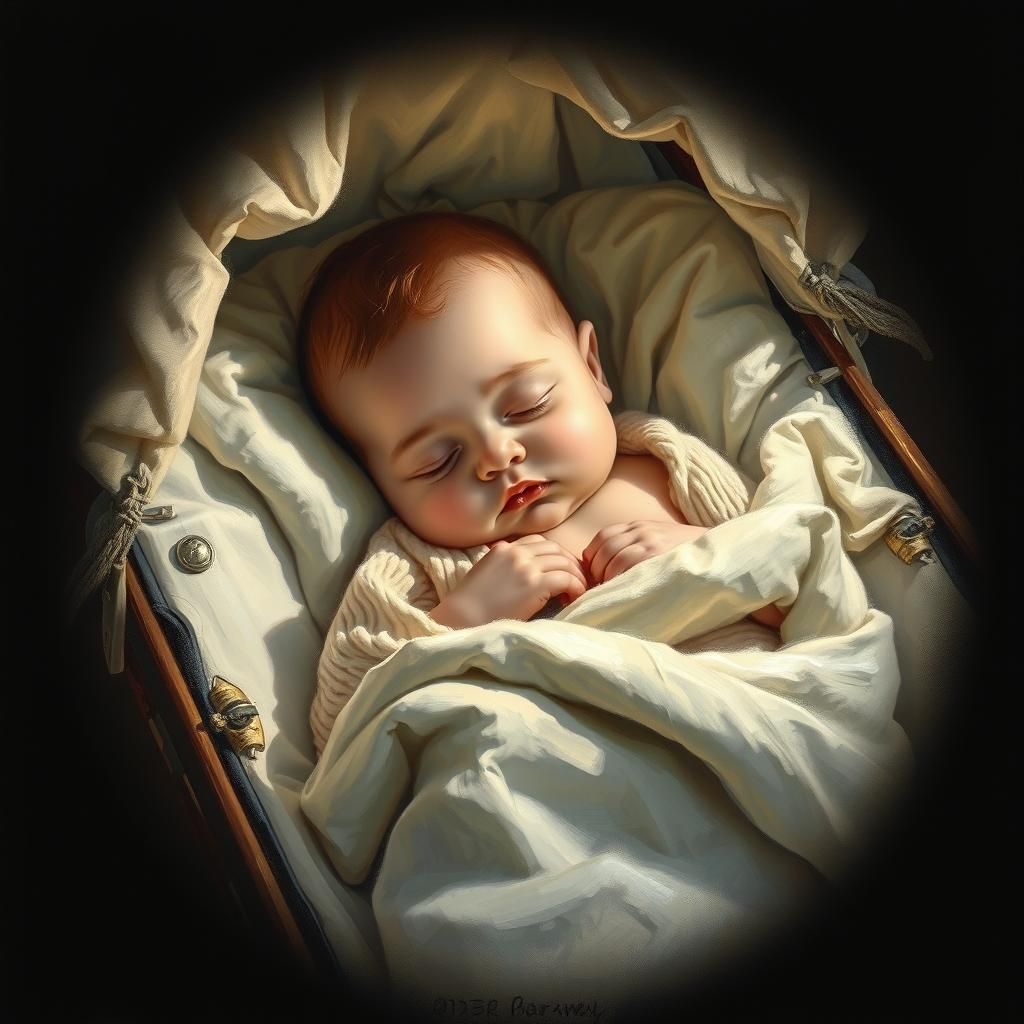 Sleeping Baby in Pram: Oil Painting in Old Masters Style