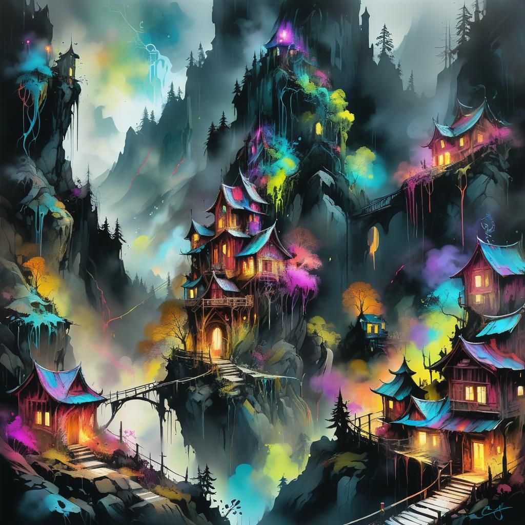 Mystical Mountain Village in Dark Fantasy Style