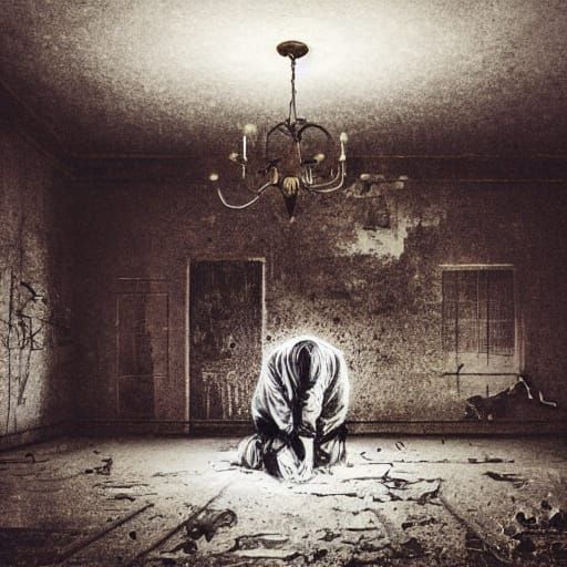 Surreal Abandoned Asylum Scene with Haunting Shadows