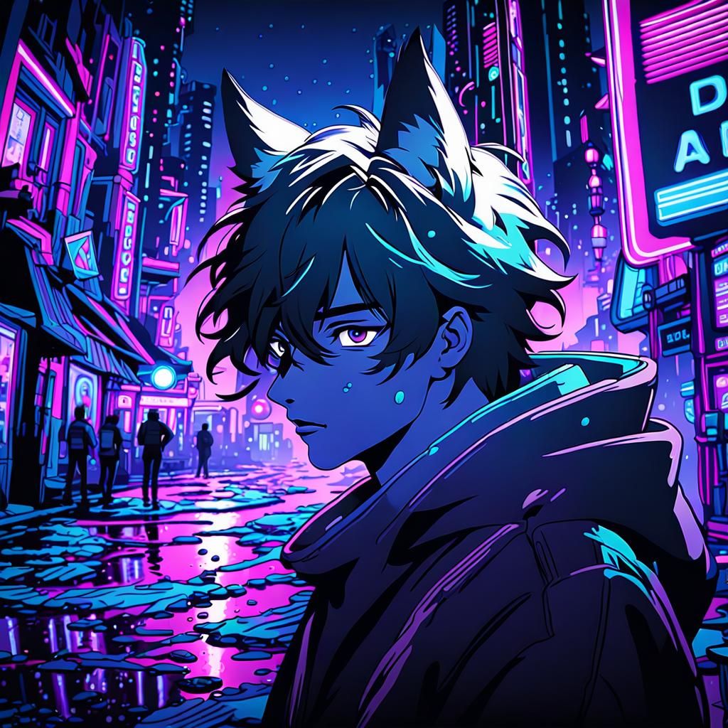 Wolf-Eared Man in Anime Style with Neon Highlights