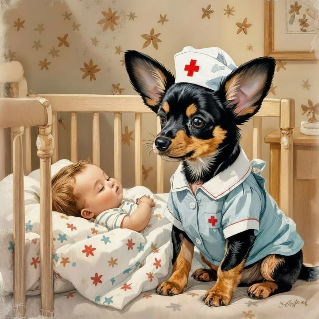 Miniature Pinscher Nurse Watching Baby in Crib