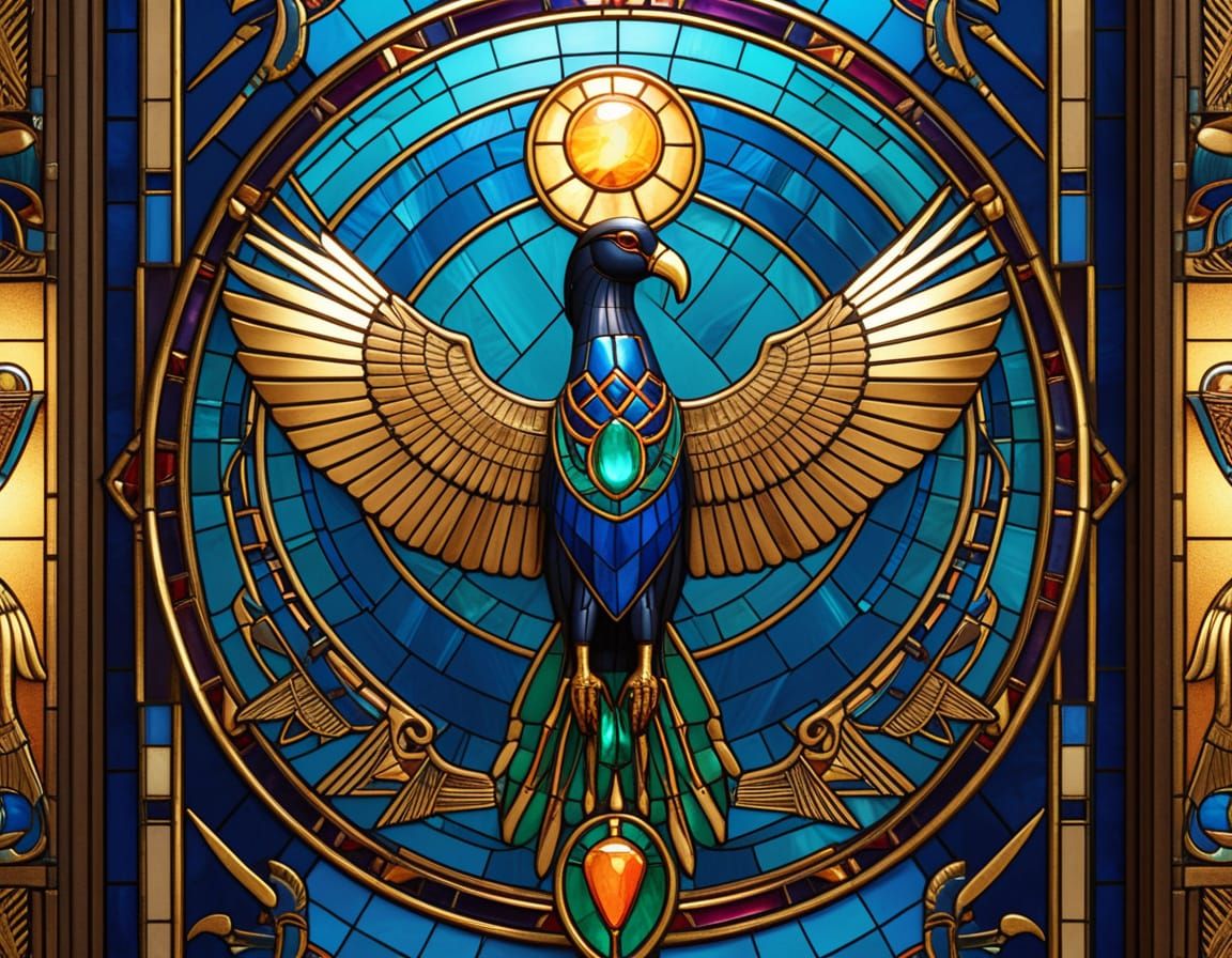 Closeup of an Egyptian HORUS themed Stained glass wall in an ornate library